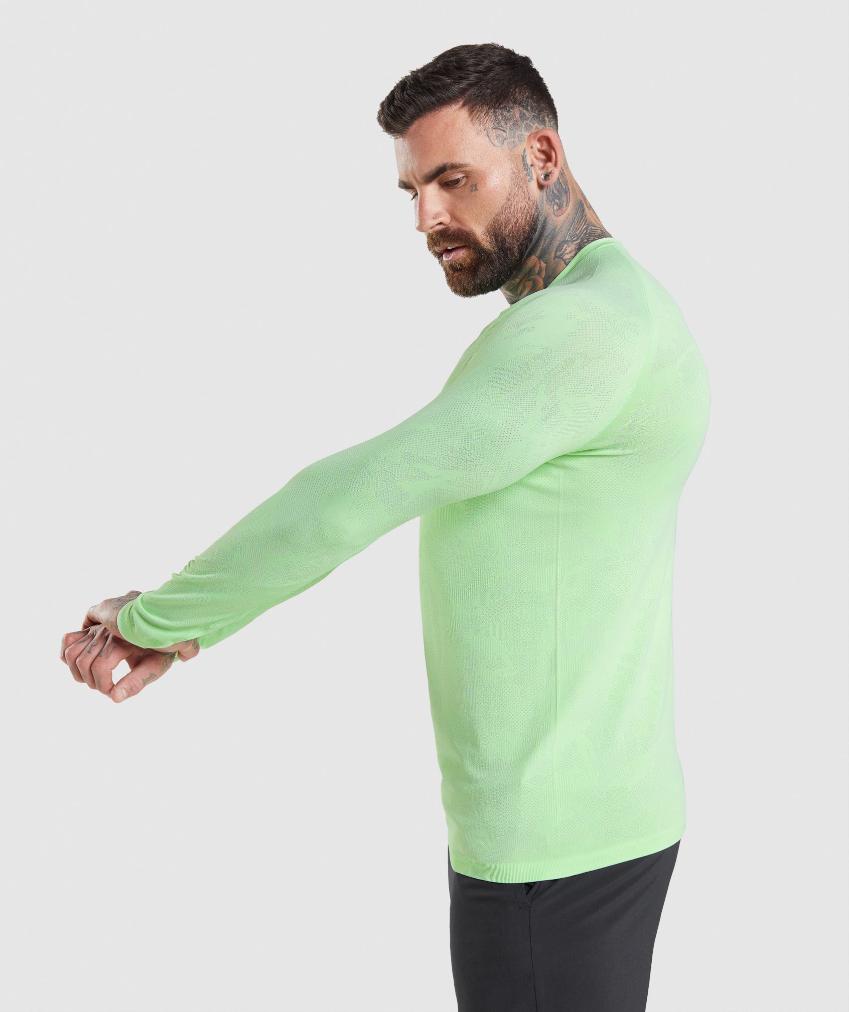 Camiseta Gymshark Geo Seamless Long Sleeve Hombre Verde Blancas | 1076439-RY