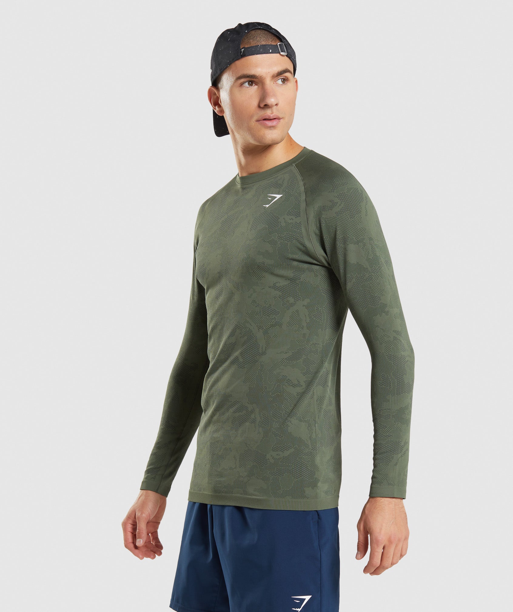 Camiseta Gymshark Geo Seamless Long Sleeve Hombre Verde Oliva Negras | 6470139-BZ