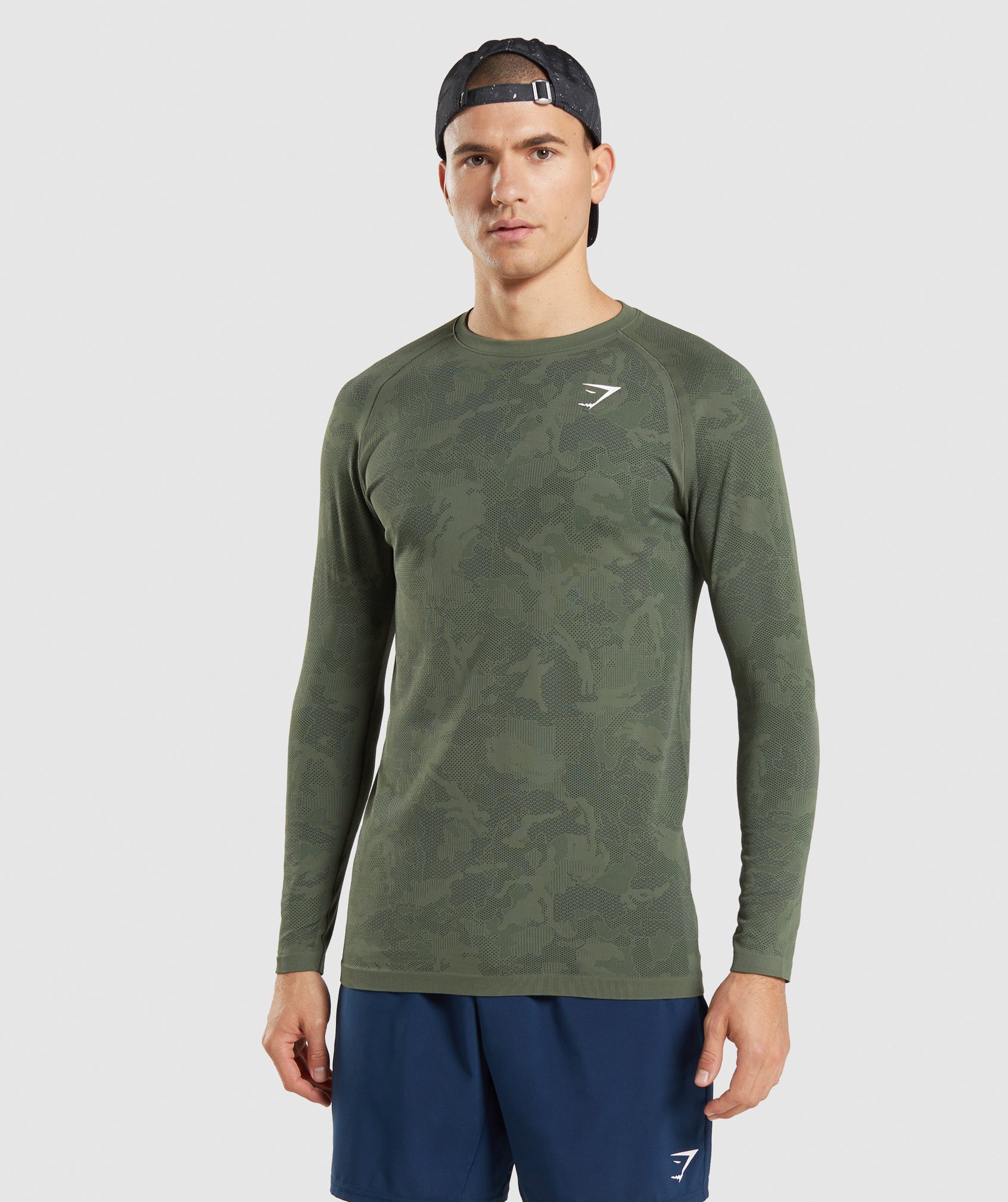 Camiseta Gymshark Geo Seamless Long Sleeve Hombre Verde Oliva Negras | 6470139-BZ