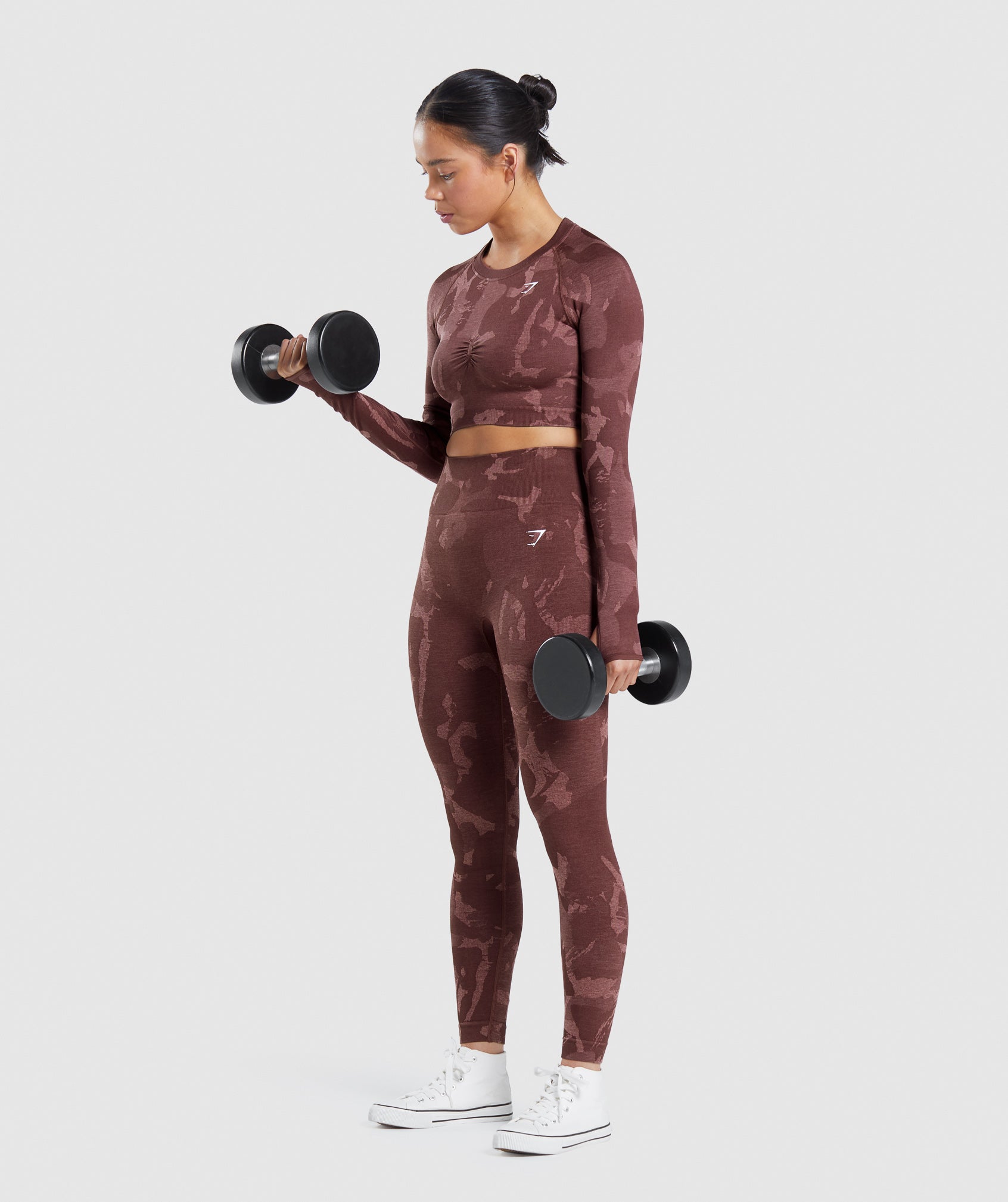 Tops Gymshark Adapt Camo Seamless Long Sleeve Crop Mujer Rosas Marrones | 2487361-DY