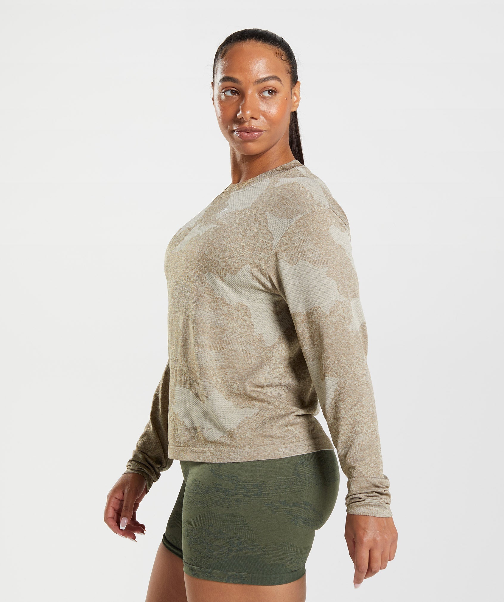 Tops Gymshark Adapt Camo Seamless Long Sleeve Mujer Gris Marrones | 3821754-JV