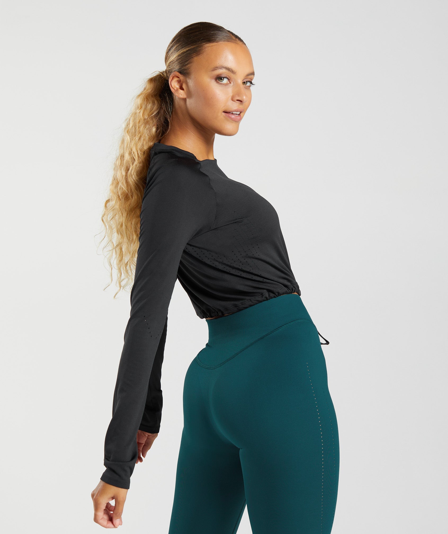 Tops Gymshark Sweat Seamless Long Sleeve Crop Mujer Negras | 0932748-LT