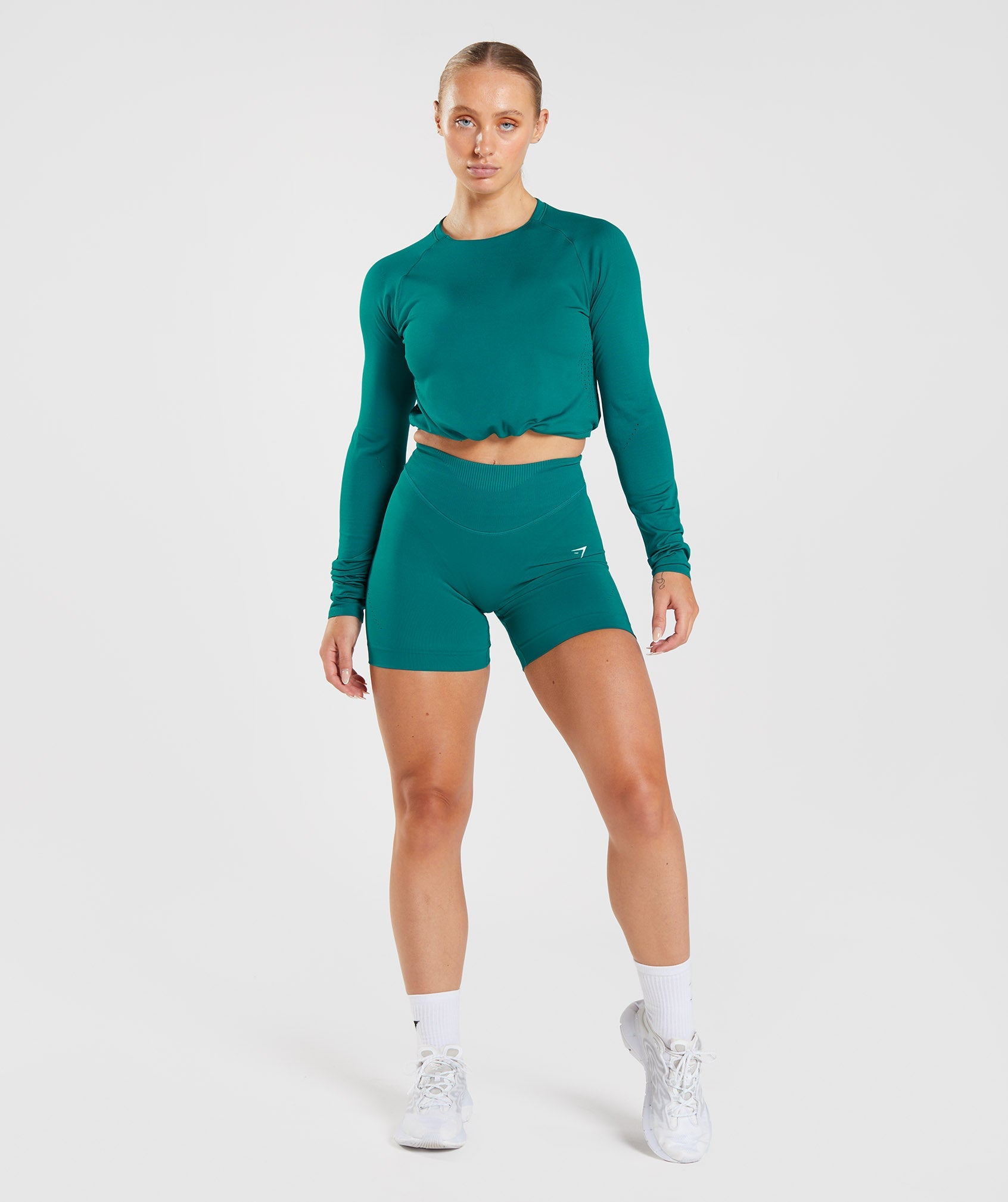 Tops Gymshark Sweat Seamless Long Sleeve Crop Mujer Turquesa | 3904167-PE