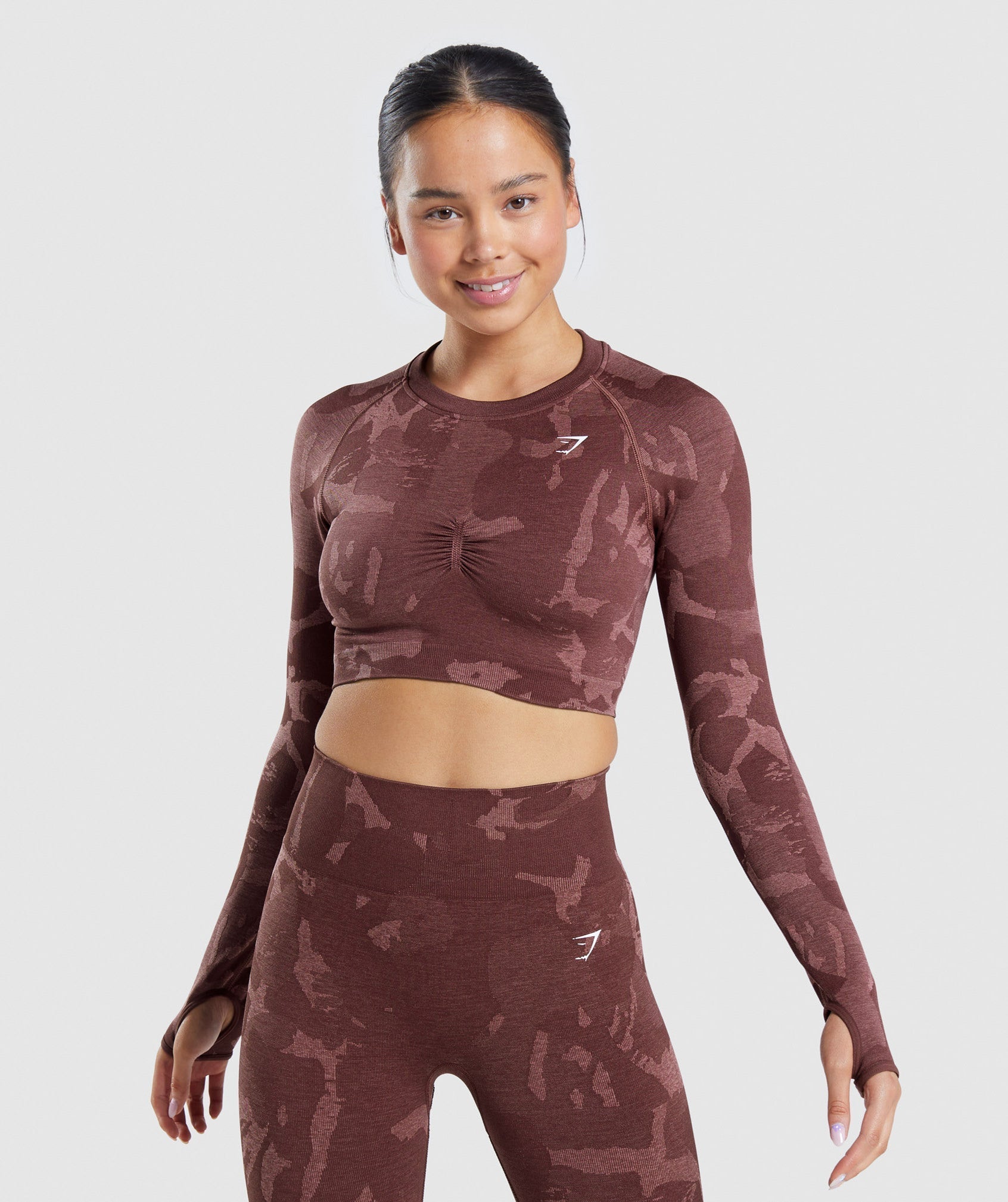 Tops Gymshark Adapt Camo Seamless Long Sleeve Crop Mujer Rosas Marrones | 2487361-DY