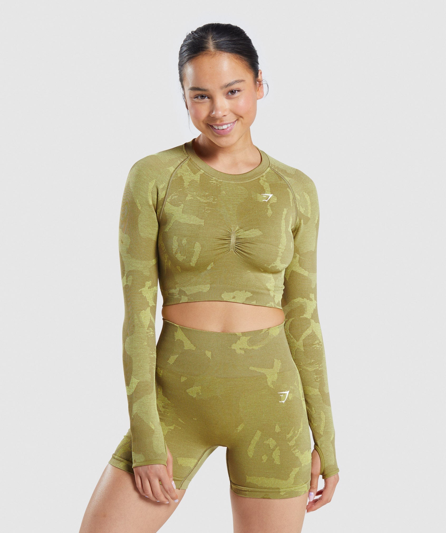 Tops Gymshark Adapt Camo Seamless Long Sleeve Crop Mujer Verde | 8216579-HY