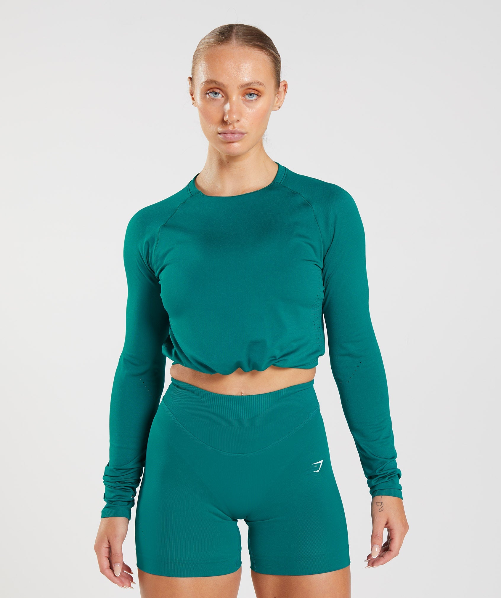 Tops Gymshark Sweat Seamless Long Sleeve Crop Mujer Turquesa | 3904167-PE